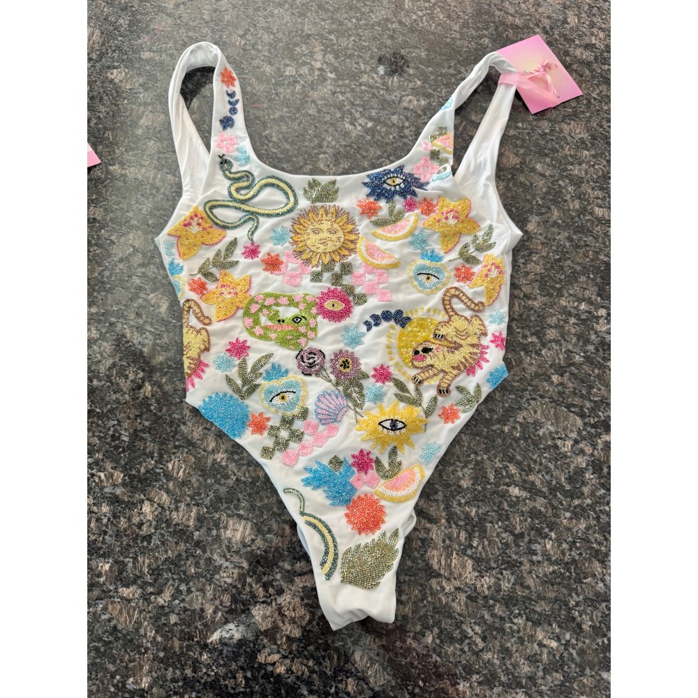 $498 Oceanus The Label Sunny Snake White Beaded One Piece Swimsuit SW018 L NEW - Picture 3 of 12